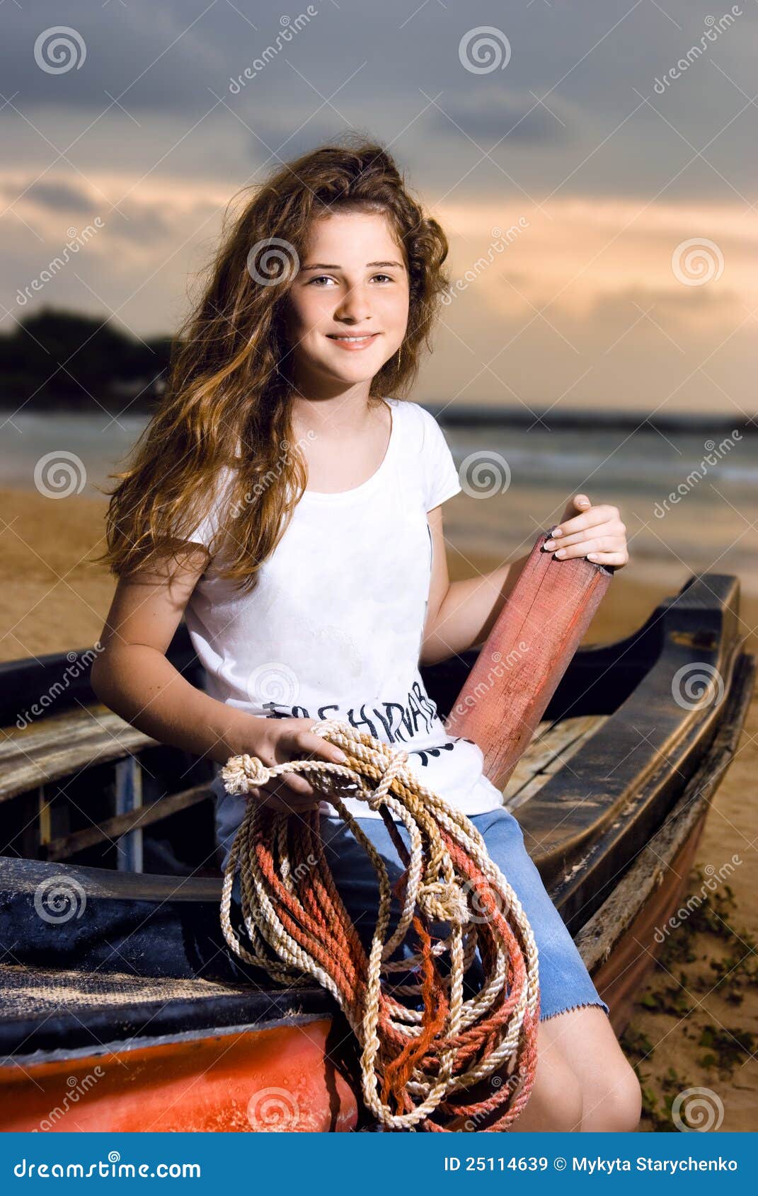 Beautiful Girl Sailor Posing In Boat At The Coast Royalty 